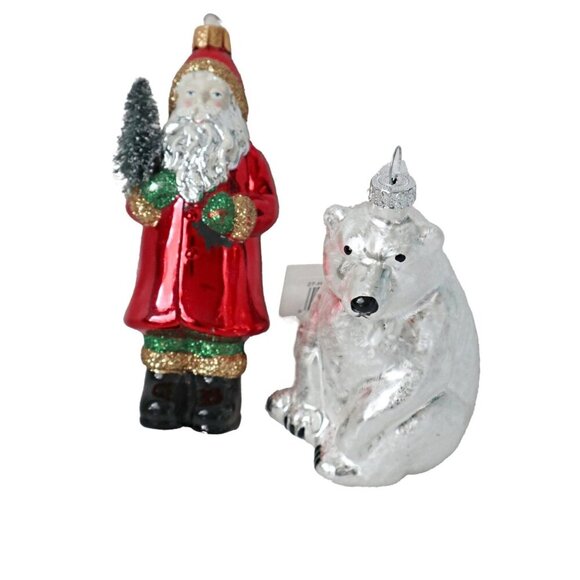 2 Vintage Glass Christmas Tree Ornaments  Santa with Bottle Brush Tree & Polar - Picture 1 of 6